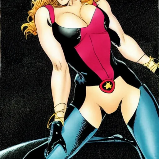 Prompt: scarlett johansson in tights as bat woman by milo manara.