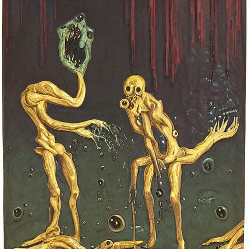 Prompt: dark green sci-fi lab at night gustave coubert painting of black onyx skin horror zombie dressed in rags exposed guts crawling in two legs and dripping golden metalic fluid from intestine into a puddle of golden liquid on the floor.