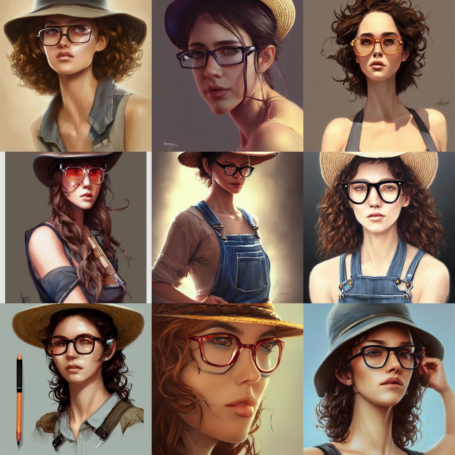 Prompt: woman, art by artgerm and greg rutkowski and magali villeneuve, portrait, overalls, straw hat, glasses, long curly brown hair, highly detailed, digital painting, artstation, concept art, sharp focus, illustration
