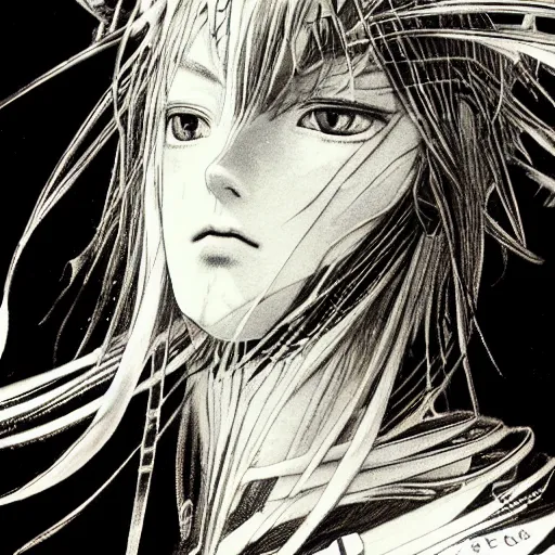 Image similar to Yoshitaka Amano realistic illustration of an anime girl with black eyes, wavy white hair fluttering in the wind and cracks on her face wearing Elden ring armour with engraving, abstract black and white patterns on the background, noisy film grain effect, highly detailed, Renaissance oil painting, weird portrait angle, blurred lost edges, three quarter view