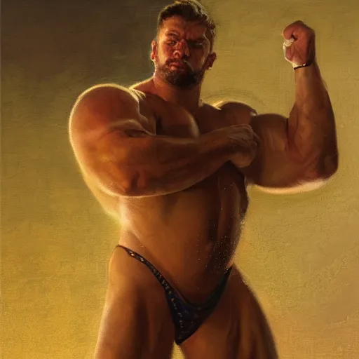 Image similar to handsome portrait of a wrestler guy bodybuilder posing, war hero, wrestling singlet, radiant light, caustics, by gaston bussiere, bayard wu, greg rutkowski, giger, maxim verehin