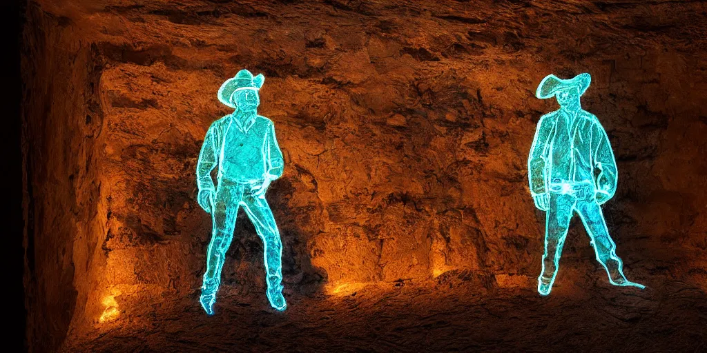 Prompt: a holographic translucent ghost cowboy in from of a tomb