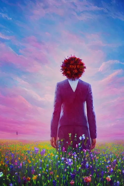 Image similar to closeup, giant flower head, girl in suit standing in a field of flowers, surreal photography, sunrise, blue sky, dramatic light, impressionist painting, digital painting, artstation, simon stalenhag