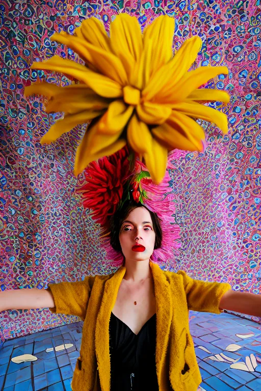 Image similar to giant flower head, frontal, girl standing in mid century hotel, surreal, symmetry, bright colors, cinematic, wes anderson