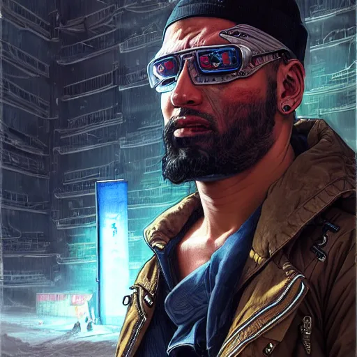 Image similar to A portrait of a cyberpunk thug guy on the street of a Soviet slum on the moon, Norilsk, sci-fi, fantasy, intricate, very very beautiful, elegant, highly detailed, digital painting, artstation, concept art, smooth, sharp focus, illustration, art by artgerm and greg rutkowski and alphonse mucha