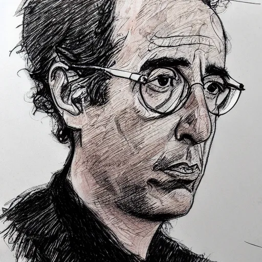 Prompt: a realistic yet scraggly portrait sketch of the side profile of a stern and sophisticated jerry seinfeld, trending on artstation, intricate details, in the style of frank auerbach, in the style of sergio aragones, in the style of martin ansin, in the style of david aja, in the style of mattias adolfsson