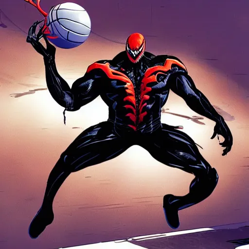 Prompt: venom from marvel doing a slam dunk in basketball