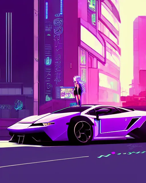 Image similar to digital illustration of cyberpunk pretty girl with blue hair, standing in front of a purple lamborghini, in city street at night, by makoto shinkai, ilya kuvshinov, lois van baarle, rossdraws, basquiat