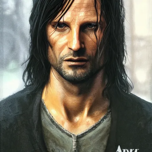 Image similar to [Aragorn in the movie Matrix as GTA character, closeup, D&D, intricate, elegant, highly detailed, digital painting, artstation, concept art, matte, sharp focus, illustration, art by Artgerm and Greg Rutkowski and Alphonse Mucha and Enki Bilal]