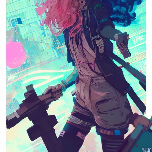 Image similar to high - angle, combat pose of a grungy cyberpunk anime, very cute, by super ss, cyberpunk fashion, curly pink hair, night sky by wlop, james jean, victo ngai, muted colors, highly detailed