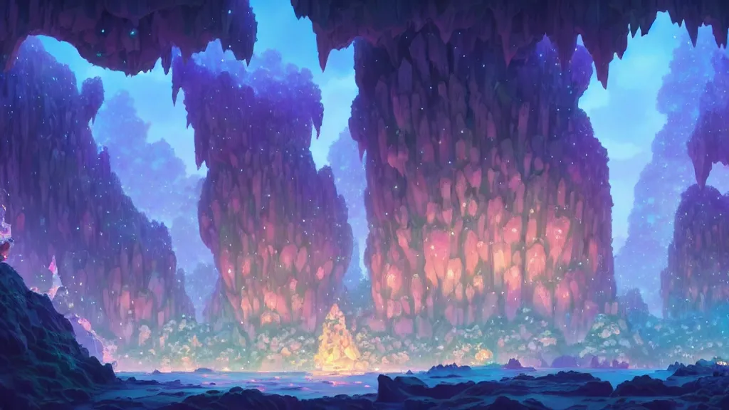 Image similar to crystal cave, clusters of crystals, studio ghibli, pixar and disney animation, sharp, rendered in unreal engine 5, highly detailed, digital painting, artstation, concept art, smooth, sharp focus, illustration, wide angle, artbook, wallpaper, splash art, promo art, dramatic lighting, art by artgerm and greg rutkowski and bo chen and jin xiaodi