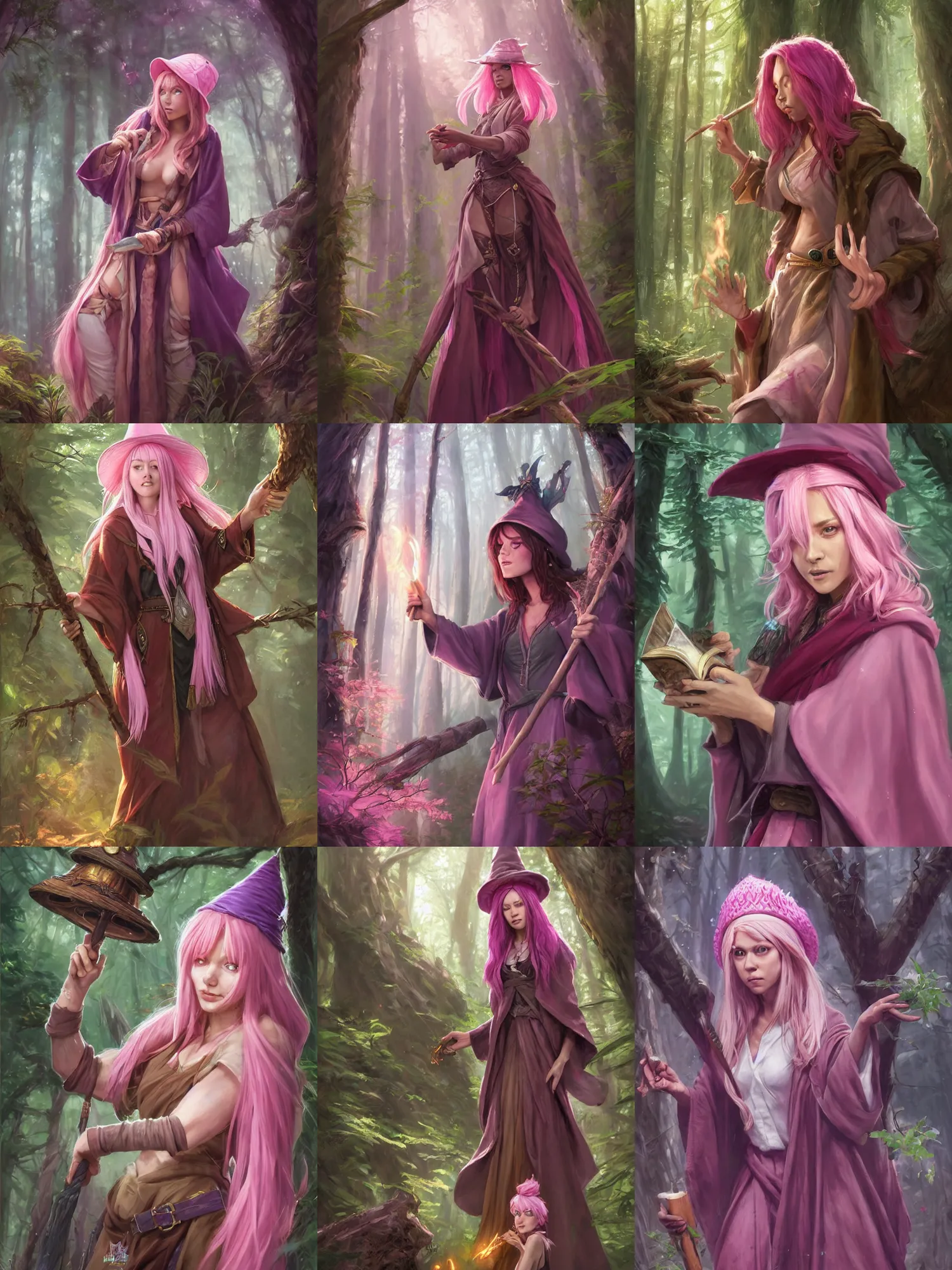 Prompt: picture of cute female wizard in the forest, ferred - themed robes and hat, pink hair, brown skin, energetic, high fantasy, highly detailed, detailed faces, smooth, sharp focus, chiaroscuro, digital painting, concept art, artgerm and greg rutkowski and jon mcnaughton