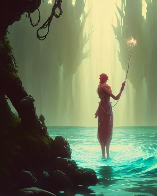 Image similar to highly detailed vfx portrait of a mage casting water magic, unreal engine, greg rutkowski, loish, rhads, beeple, makoto shinkai and lois van baarle, ilya kuvshinov, rossdraws, tom bagshaw, alphonse mucha, global illumination, detailed and intricate environment