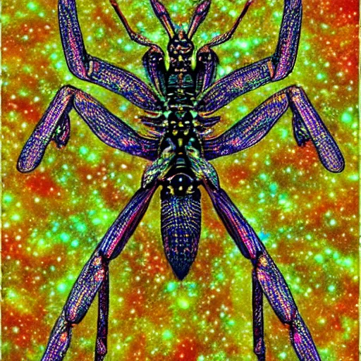 Image similar to celestial praying mantis made out of galaxies, universe, nebulas, mystical, majestic.