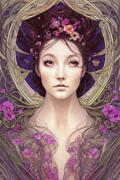 Prompt: face portrait of a beautiful mysterious fairy with flowery tall headgear, without hands, by eve ventrue, artgerm, thomas kinkade, hayao miyazaki. art nouveau. tarot card by mucha. gloomhaven. swirly intricate linework background. gaudy colors, sharp edges. octane render