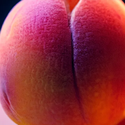 Image similar to a macro photo of a round peach's dry hairy skin, hyper realistic, hyper detailed, 35mm, very grainy film, pink volumetric studio lighting, bokeh, black background award winning shot, vogue magazine, cinematic, 8k, very closeup, elegant, tender, pastel