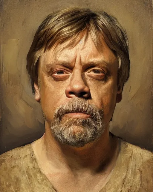 Image similar to painterly portrait, mark hamill, impasto, fantasy, chuck close:7, carl spitzweg:7, cinematic light, full face, symmetrical face