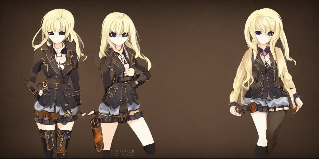 Prompt: visual novel character sprite of a blonde haired steampunk detective girl, 2 d,