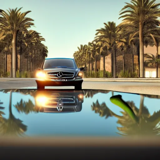 Image similar to a close up photo of a frog driving a mercedes in marrakech, palm trees, close up, octane render, unreal engine, hyperdetailed