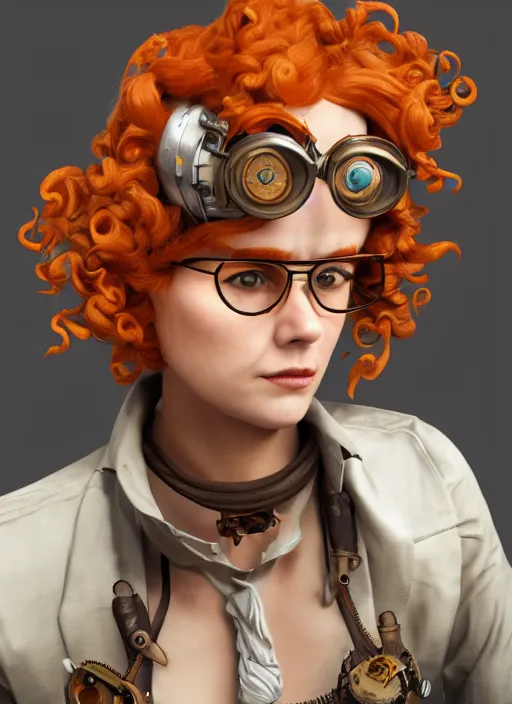 Image similar to steampunk portrait of curly orange hair mad scientist from far cry 6, au naturel, hyper detailed, digital art, trending in artstation, cinematic lighting, studio quality, smooth render, unreal engine 5 rendered, octane rendered, art style by pixar dreamworks warner bros disney riot games and overwatch.