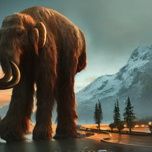 Image similar to mammoth in seattle, hyper detailed, dramatic lighting, cgsociety, realistic, hyper detailed, insane details, intricate, dramatic lighting, hypermaximalist, golden ratio, rule of thirds, octane render, weta digital, micro details, ultra wide angle, artstation trending, 8 k,