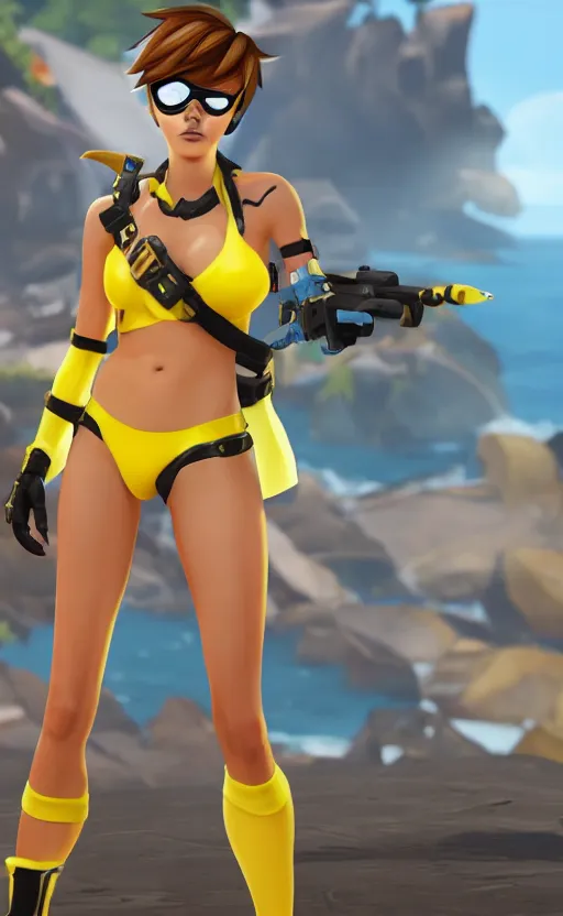 Image similar to tracer game character, in yellow bikini, blonde hair, black eyes, full height