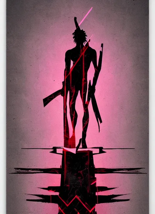 Image similar to elegant dark design poster showing a heroic statue of achilles, black background with very subtle red and purple design elements, bold, powerful, nekro, vito acconci, thin straight purple lines, dark, glitch art, neo vaporwave, gritty, layout frame, square, trending on artstation