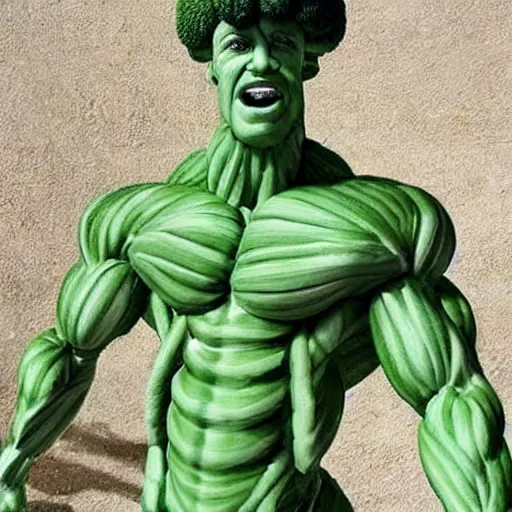 Image similar to a posing bodybuilder sculpture made entirely from broccoli, head of broccoli, broccoli that looks like a bodybuilder physique