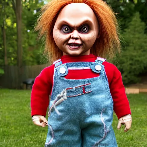 Image similar to Chucky the killer doll standing in the yard