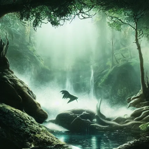 Image similar to photorealistic fantasy concept art of a sea monster swimming near a waterfall foggy forest, dynamic lighting, cinematic, ray tracing, sun rays, majestic