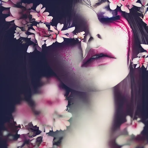 Prompt: dslr photo of a beautiful female with detailed face, wearing flowers, artgerm, artstation, extremely high quality, moody lighting, photography by deviantart, 8 k