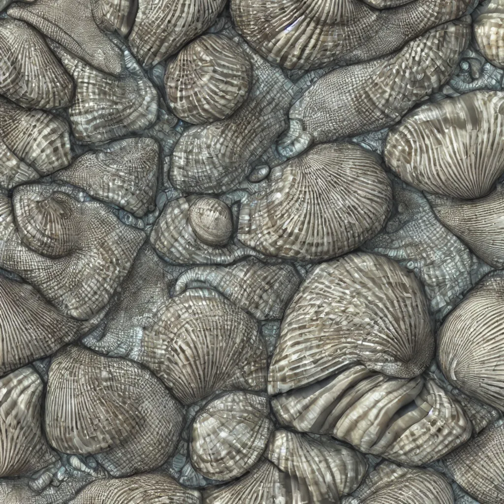 Prompt: geometric complex sea shell designs by ernst haeckel, closeup, fractal, realistic cinema 4 d render, beach sand background, clear focus, very coherent, very detailed