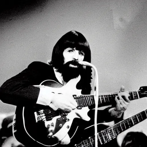 Prompt: charles manson playing guitar on stage with the beatles, black and white, high quality photography, realistic, detailed, uncropped, realistic face,