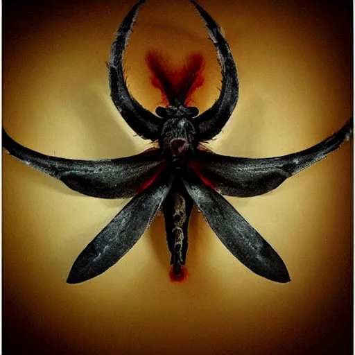 Image similar to “an ancient, demonic moth with bones coming out of its body, dark red mist swirling around”