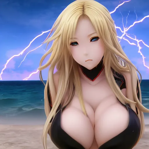 Image similar to bishamon render as a very beautiful 3d anime girl, long pure blonde hair, golden eyes, full round face, short smile, cute bikini, serene beach setting, cinematic lightning, medium shot, mid-shot, highly detailed, trending on Artstation, Unreal Engine 4k, cinematic wallpaper