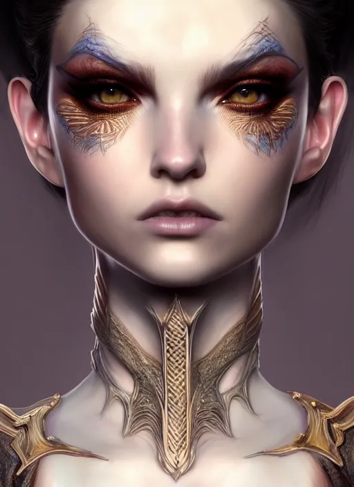 Image similar to portrait of dragon madien model, intricate, sharp focus, octane render, ffxi, realistic render, detailed, beautiful, unreal engine, symmetrical!!, maybelline, sephora, loreal, artstation, art by artgerm, rossdraws, art by karol bak, makeup by pat mcgrath, cinematic, concept art, filmic, vsco