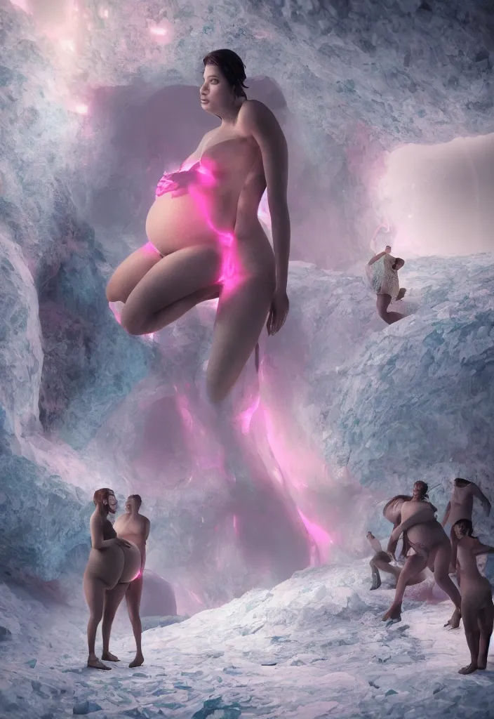 Prompt: epic pregnant woman talking to all her tribe with fluorescence bodies, proud people gather around the pregnant woman, ice cave, facinating, fantasy digital art, octane render, beautiful composition, trending on artstation, award - winning matte painting, masterpiece