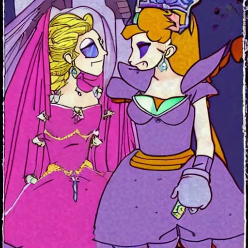 Image similar to photo of the lesbian wedding between princess peach and zelda circa 1 9 8 6