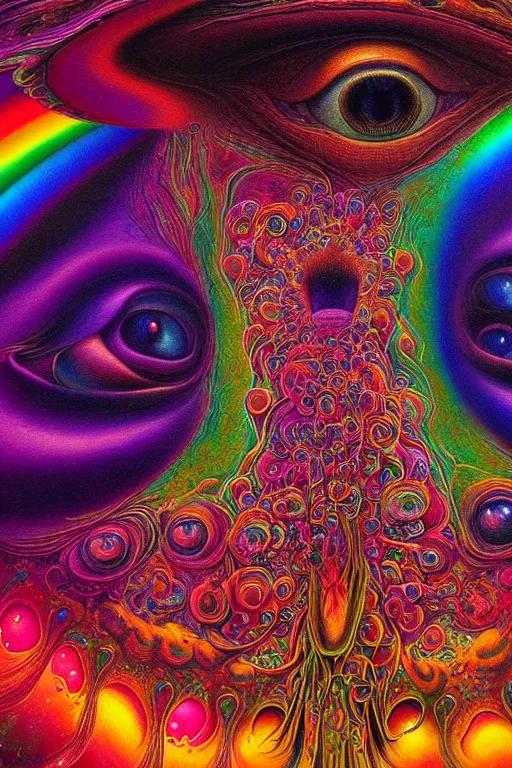 Image similar to hyperrealistic abstract close-up Renaissance psychedelic!! celestial happy! pure creature!! peaceful! kind spirit of nature! beautiful fractal!! eyes! highly detailed concept art eric zener elson peter cinematic hard rainbow lighting high angle hd 8k sharp shallow depth of field endless, inspired by Zdzisław Beksiński Salvador Dali