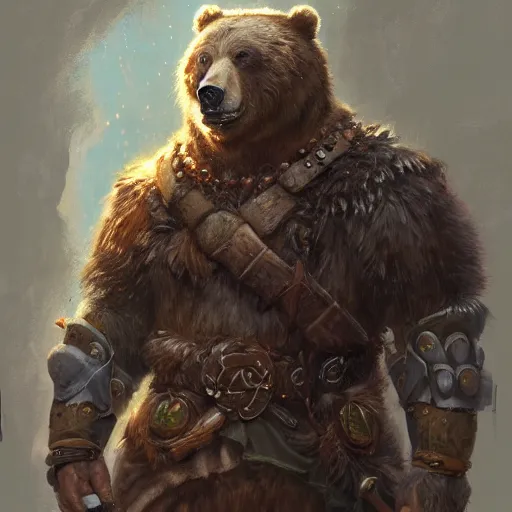 Prompt: a detailed portrait of a bear druid dressed with a leather armor, by justin gerard and greg rutkowski, digital art, realistic painting, dnd, character design, trending on artstation