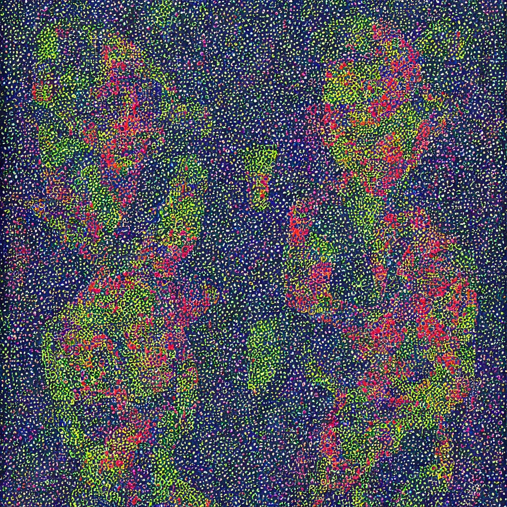 Image similar to camo made of out fabric, smiling, abstract, maya bloch artwork, do hoang tuong artwork, cryptic, dots, stipple, lines, splotch, concrete, color tearing, uranium, neon, pitch bending, faceless people, dark, ominous, eerie, minimal, points, technical, painting