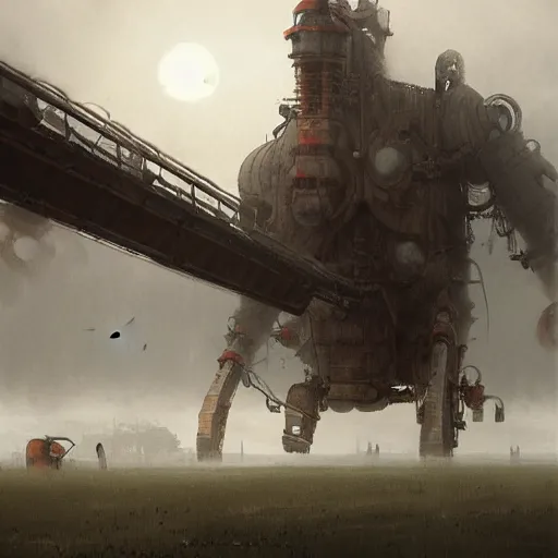 Image similar to gigantic industrial farmer mecha, dense fog, steampunk, jakub rozalski