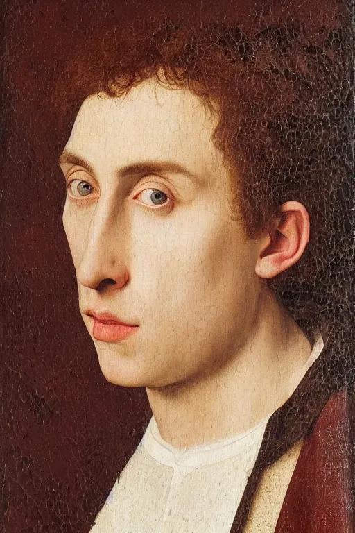 Prompt: portrait of timothee chalamet, oil painting by jan van eyck, northern renaissance art, oil on canvas, wet - on - wet technique, realistic, expressive emotions, intricate textures, illusionistic detail