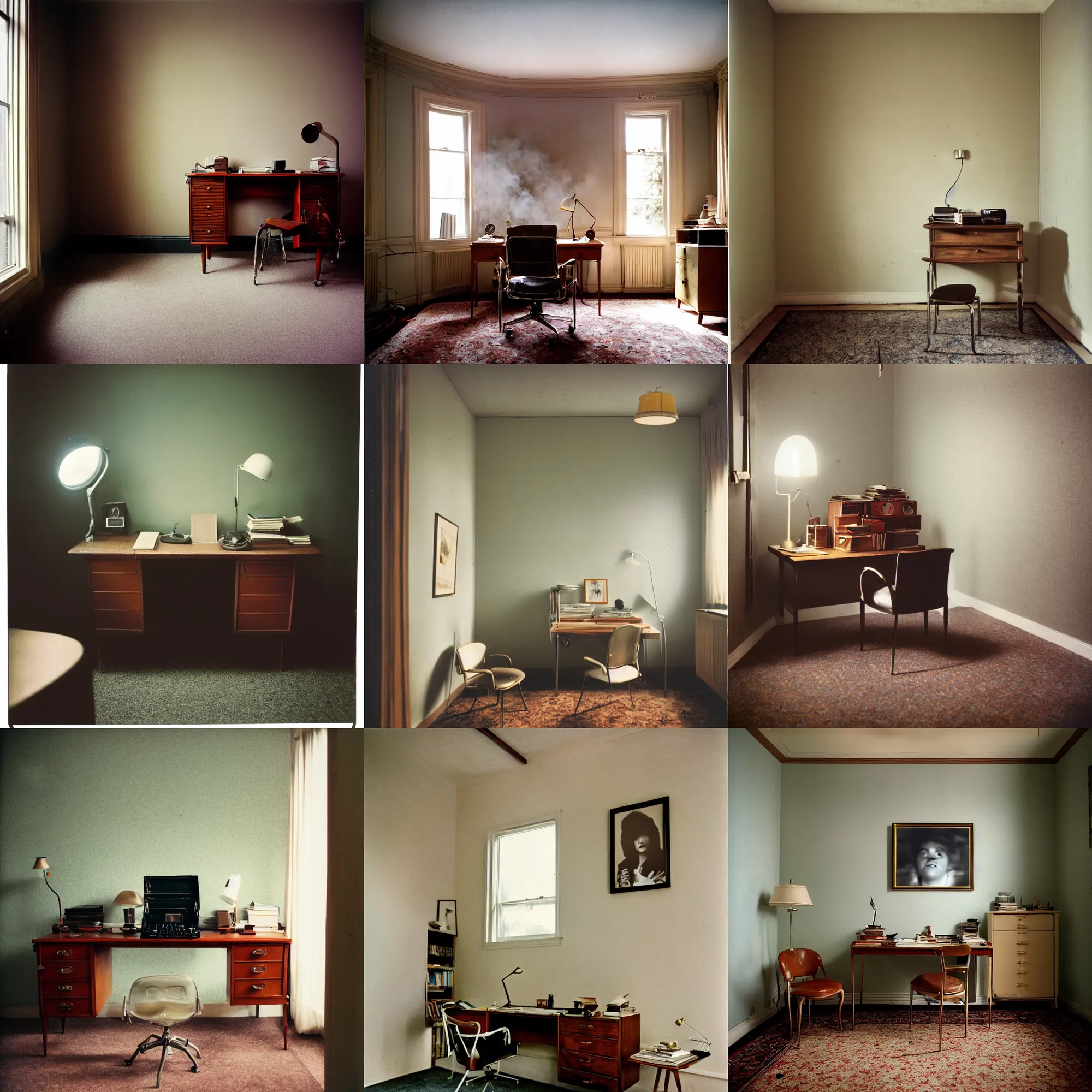 Prompt: kodak portra 4 0 0, wetplate, 8 mm extreme fisheye, award - winning portrait by britt marling of a 1 9 6 0 s private office room, picture frames, shining lamps, dust, smoke 1 9 6 0 s elegant metal furniture, wallpaper, carpet, books, muted colours, fog