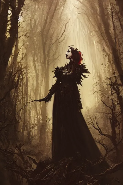 Prompt: gothic queen in the darkness of the forest by Darek Zabrocki and zdzislaw beksinki, gothic, trending on artstation, artstationHD, artstationHQ, 4k, 8k