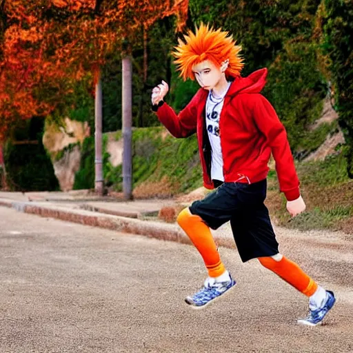 Image similar to orange - haired anime boy, 1 7 - year - old anime boy with wild spiky hair, wearing red jacket, running through italian town, yellow sunshine, sepia sun, strong lighting, vivid lighting, ultra - realistic, sharp details, subsurface scattering, intricate details, hd anime, 2 0 1 9 anime