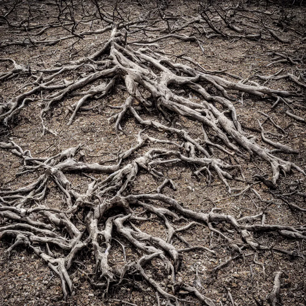 Prompt: a dry and dead tree in a forest of coal and eroded stones, dust, wind, dirt, advertising photography