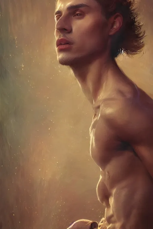 Image similar to stunningly handsome, ballet dancer in jungle, symmetrical face, golden hour, smooth, focus, highly detailed, hyper realistic, dramatic lighting, elegant, intricate, concept art, art by wlop, mars ravelo, greg rutowski, artstation