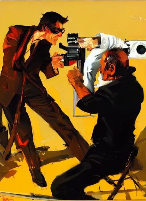 Image similar to lalo salamanca shooting howard hamlin, painting by phil hale, 'action lines'!!!, graphic style, visible brushstrokes, motion blur, blurry