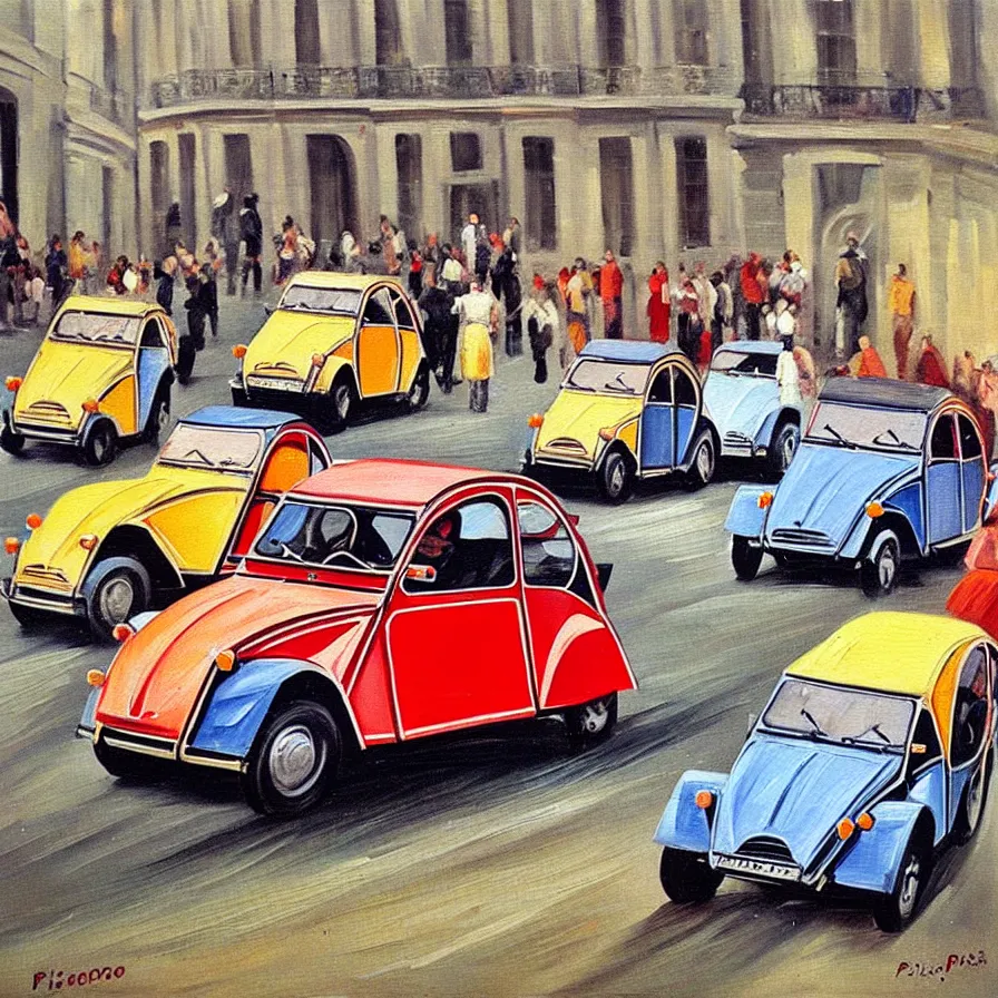 Image similar to twenty citroen 2 cv racing through paris in the 1 9 5 0 s. oil painting by pisaro